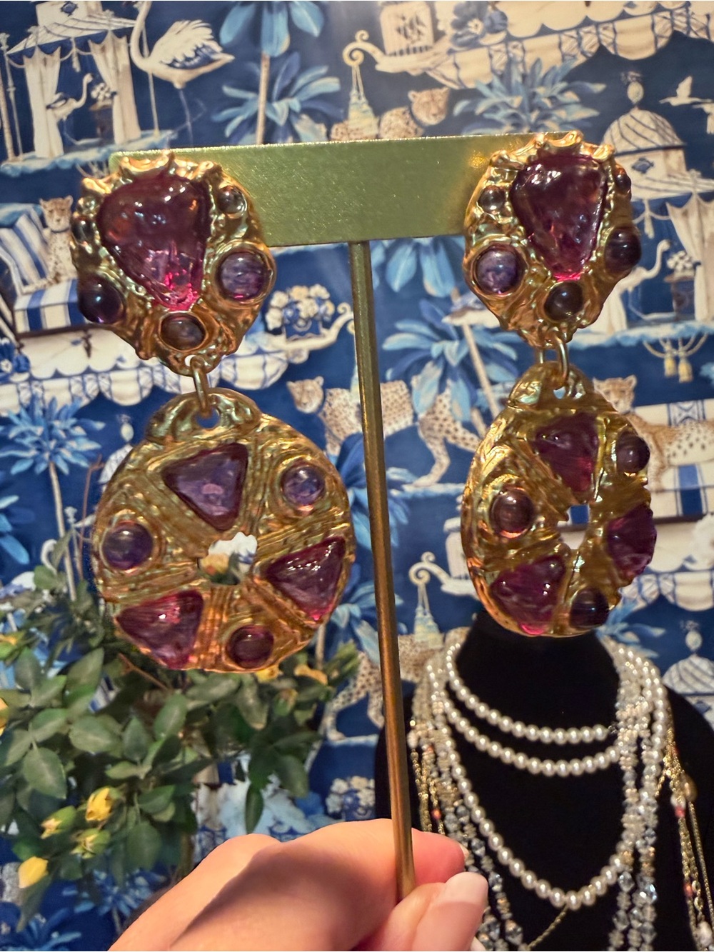Catwalk Jon Purple stone and gold plated dangly earrings